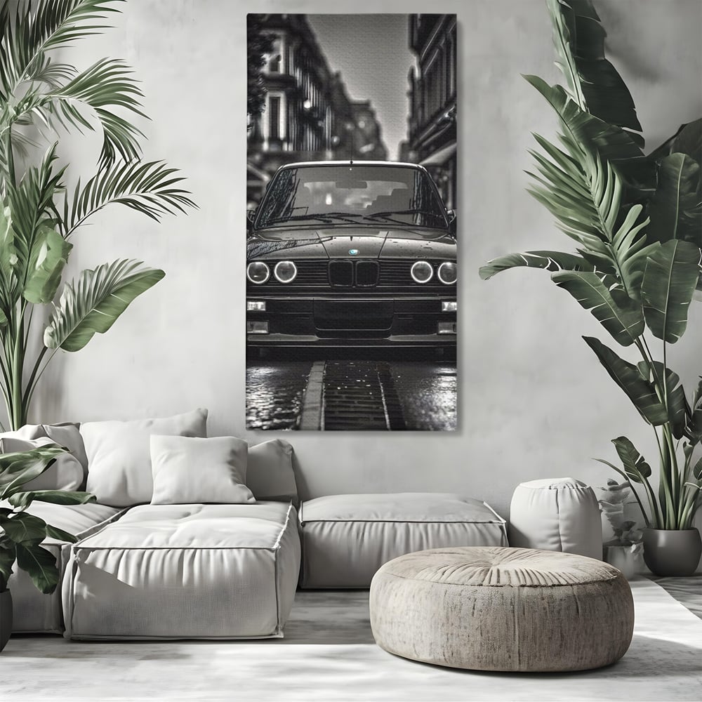Tablou canvas cu tablou canvas cu masina bmw clasica, fara rama, pe sasiu de lemn, pe perete intr-un living